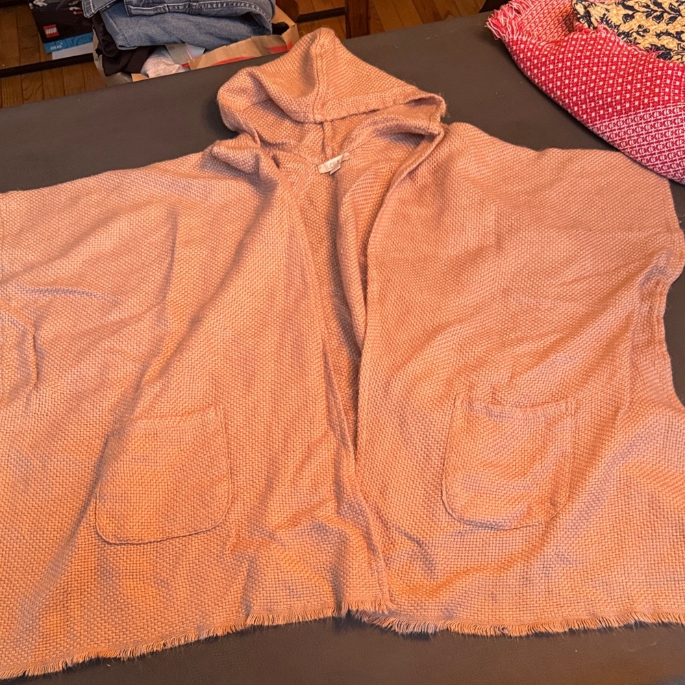 Cozy Hooded Knit LOFT Poncho in Peach